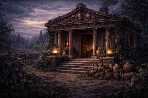 Cabin 12 at Camp Half-Blood inspired by Dionysus and wine symbolism