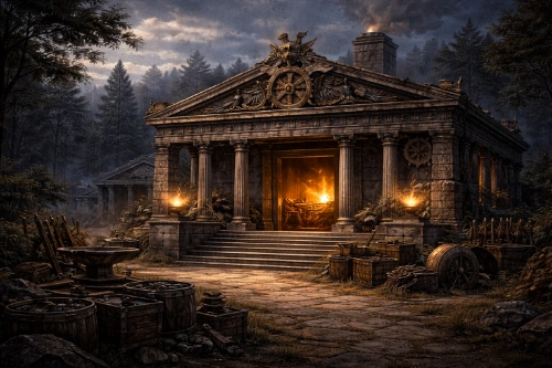 Cabin 9 at Camp Half-Blood inspired by Hephaestus and forge symbolism